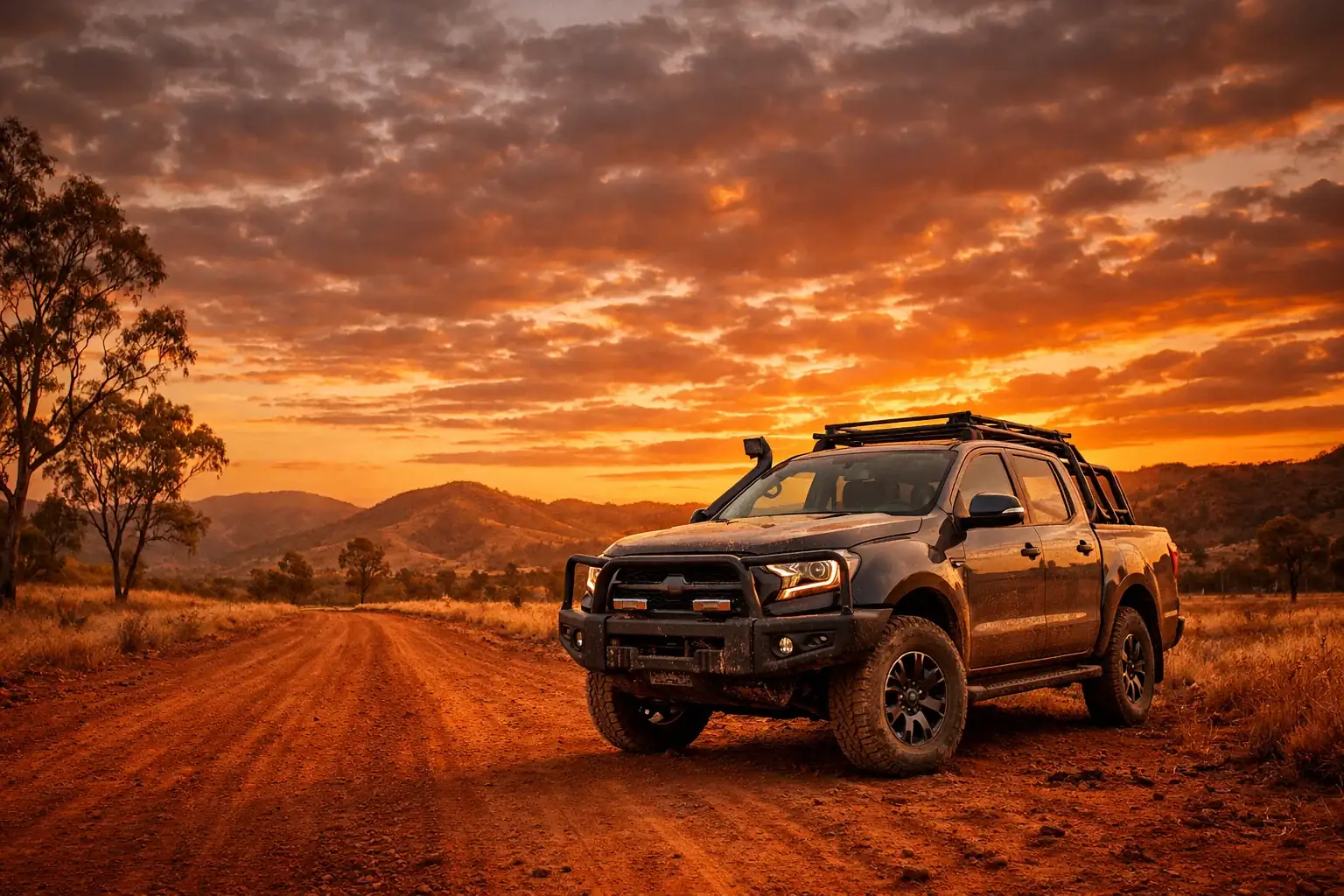 Rugged 4WD on Central Queensland outback road at sunset